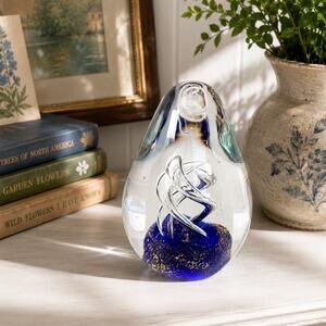 Vintage Art Glass Egg Paperweight Royal Blue Gold Fleck Aventurine Helix Swirl